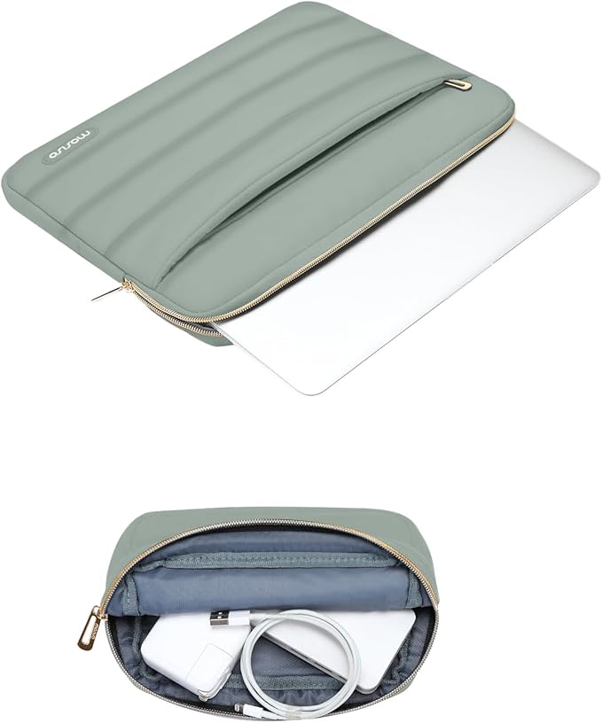MOSISO 14 inch Laptop Case, 14 inch Puffy Laptop Sleeve Compatible with HP Lenovo Dell ASUS Acer, HP Stream, Dell Latitude, Lenovo IdeaPad, Polyester Horizontal Bag with Small Case, Antique Green