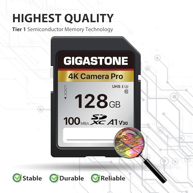 [5-Yrs Free Data Recovery] GIGASTONE 128GB SD Card, 4K Camera Pro, A1 V30 SDXC Memory Card 4K UHD Video Compatible with Canon Digital Camera, with 1 Mini Cases