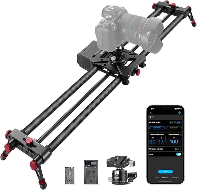 NEEWER 39.4”/100cm Motorized Camera Slider, App Wireless Control Carbon Fiber Dolly Rail Slider, Support Video Mode, Time Lapse Photography, Horizontal, Tracking and 120° Panoramic Shooting (ER1-100)