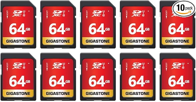 GIGASTONE 64GB SD Card 10-Pack UHS-I U1 Class 10 SDXC Memory Card High Speed Full HD Video Canon Olympus Digital Camera with 10 Mini Cases