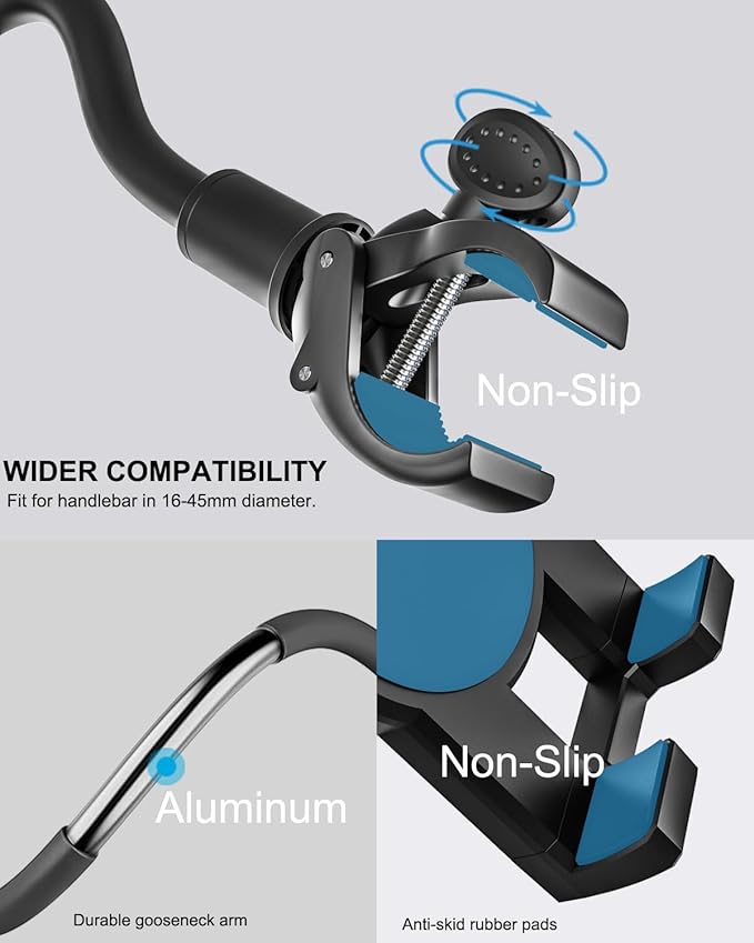 woleyi Gooseneck Tablet Holder for Spin Bike, Peloton Tablet Mount Exercise Bike Handlebar Stand for Stationary Bicycle, Treadmill, Stroller, Elliptical for iPad Pro Air Mini, Galaxy, 4.7-13" Devices