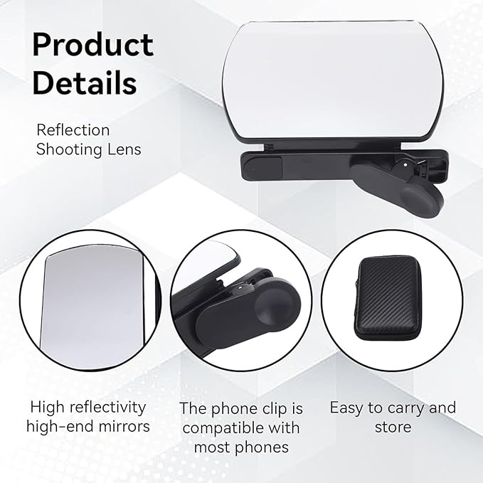 Mirror Effect Lens - Capture Stunning Reflections Instantly, Smartphone Camera Mirror Reflection Clip Kit, Adjustable HD Glass Smartphone Photography Flip Mirror, for Travel Photography (Black-1Pc)