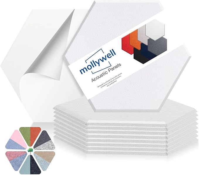Mollywell Hexagon Acoustic Panels, High Density, Soundproofing, Decorative Noise Reduction Felt Wall Tiles for Ceilings, Home Office & Gaming Room (White), 14×12×0.4 Inch