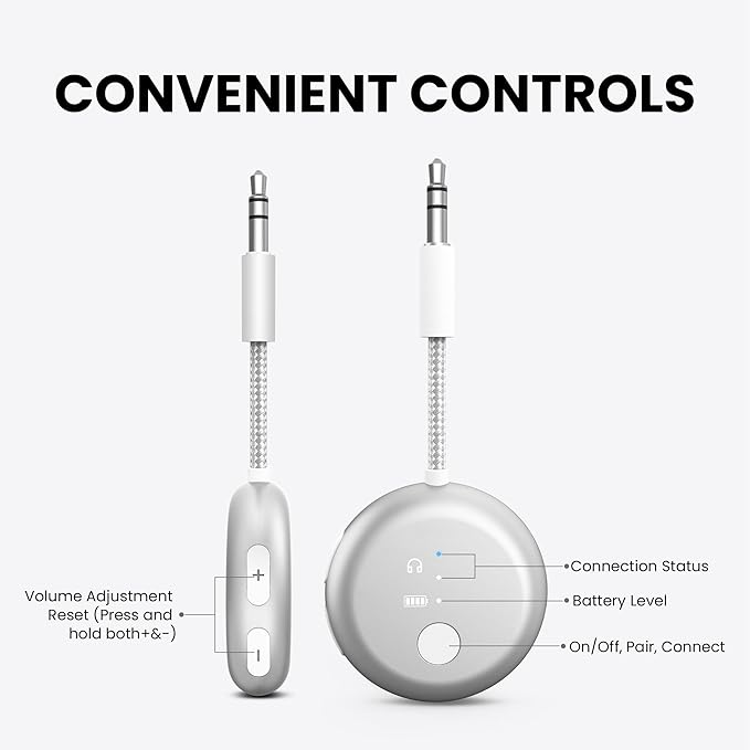 Avantree SoundJet R1 – Airplane Bluetooth Adapter for Headphones & AirPods, aptX Adaptive, Qualcomm Chipset, 20H Battery, Wireless Audio Transmitter for in-Flight Travel Essentials - Silver