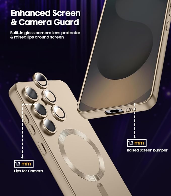 Magnetic for Samsung Galaxy S25 Plus Case [Compatible with MagSafe][Built-in Camera Lens Protector] Slim Soft Silicone Bumper Shockproof Metallic Luster Phone Shell (Gold)