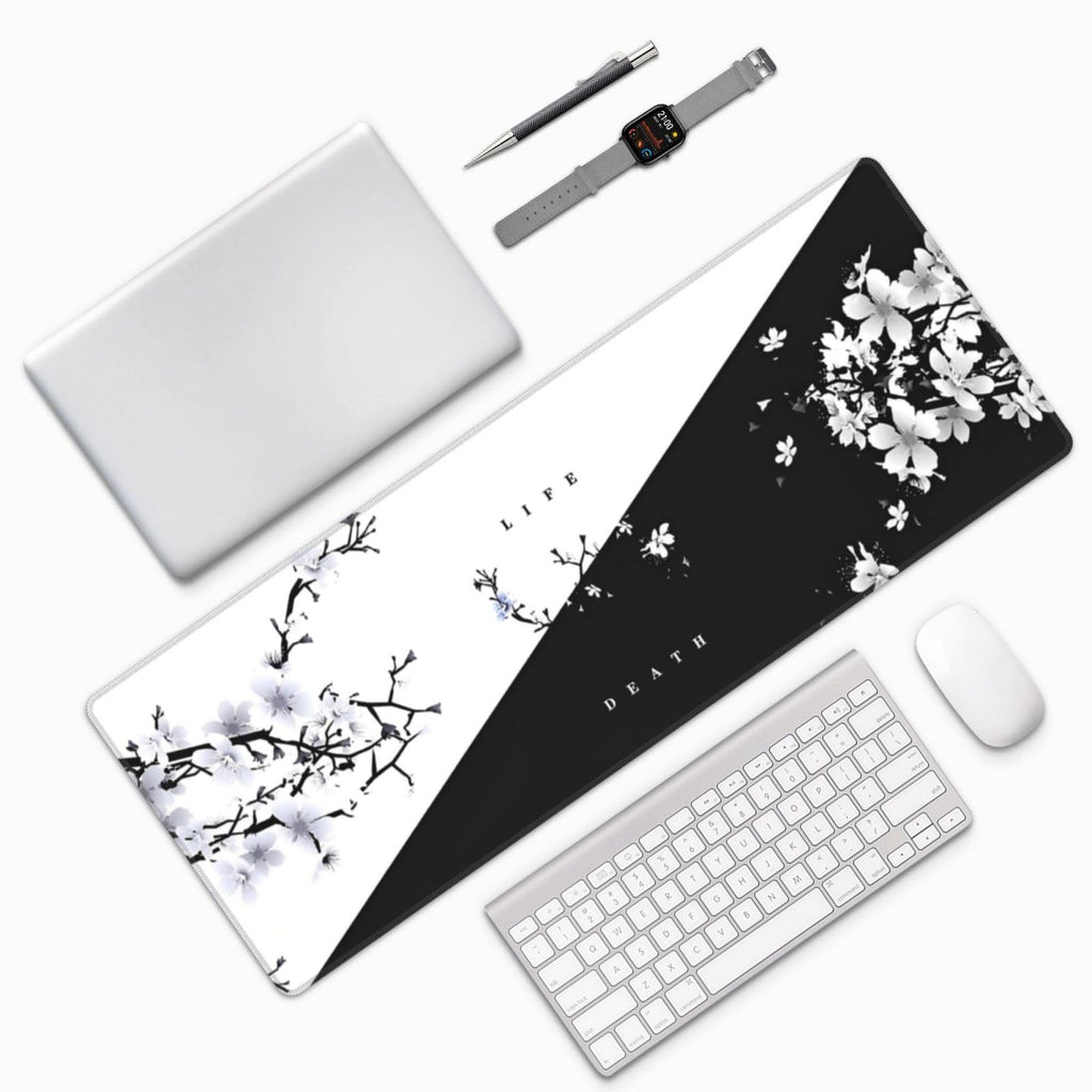 Japanese Life Death Keyboard Mat, Black White Japanese Anime Gaming Mouse Pad for Desk with Anti-Slip Rubber Base and Stitched Edges, Japanese Sakura Pagoda Sun Mouse Pad