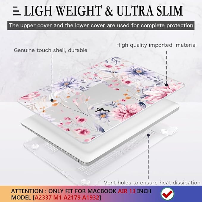 CISSOOK Flower Case for MacBook Air 13 Inch A2337 M1 A2179 A1932 Model 2021-2018 Released, Plastic Floral Cover with Keyboard Cover Protector for MacBook Air 13 with Touch ID，Flowers Watercolor