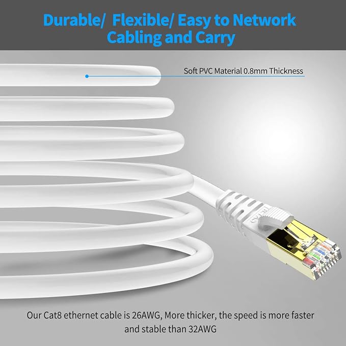 KASIMO CAT 8 Ethernet Cable SFTP Internet Network Patch Cord, Heavy Duty High Speed LAN Cables w Gold Plated RJ45 Connector Professional for Router, Modem, Gaming, Xbox (1 Feet, 5 Pack White)