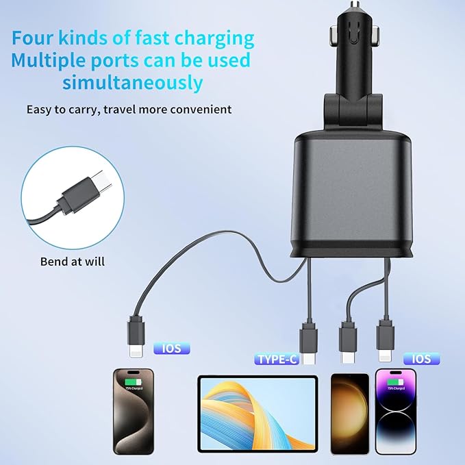 Upgraded Starlight Retractable Car Charger Adapter,4 in 1 Fast Charging Car Phone Charger,69W USB C Car Truck Accessories,Road Trip Essentials Gift for Men Women for iPhone 16/15/14/13/12,Galaxy,Pixel