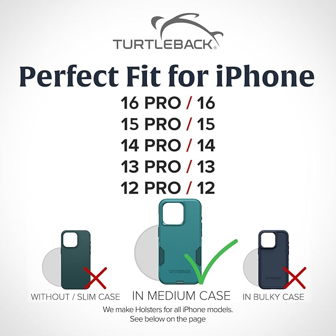 Turtleback Belt Clip for iPhone 16 Pro, 16e, 15 pro 14 Pro 13 Pro -Medium- Fits w/Shockproof Commuter Style Cases - Premium Black Nylon, Vertical Belt Holder, Magnetic Closure, HD Rotating Clip