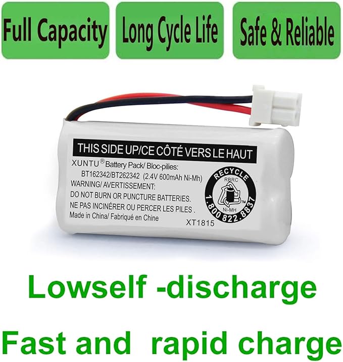 XUNTU BT162342/BT262342 2.4V 600mAh Ni-MH Cordless Phone Battery Pack BT166342/BT266342 BT183342/BT283342 Compatible with EL52351 TL90070 CS5119 DS6511 DS6722 LS6305 Handset (4 Pack)