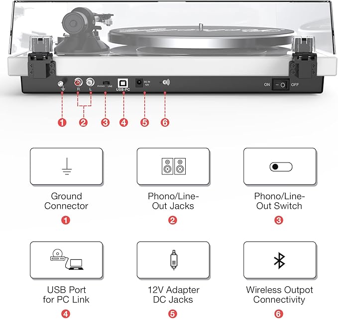 Turntables Record Player for Vinyl with Wireless Output Connectivity Belt-Drive 33 45 RPM Speed Phono Line USB Digital to PC Recording MM Audio Cartridge Stylus Adjustable Counterweight Piano White