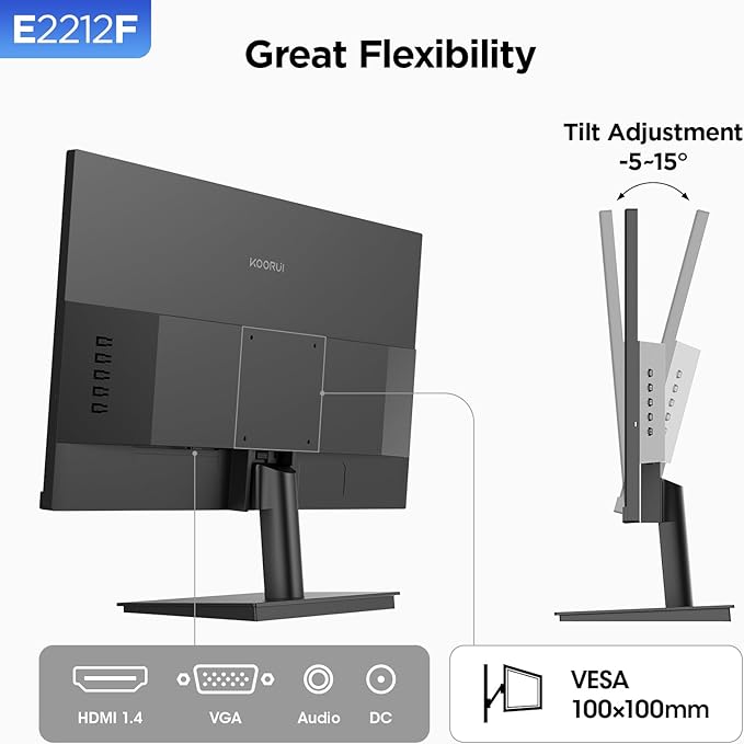 KOORUI 22 Inch Computer Monitor Full HD 1080P 100Hz PC Gaming Screen VA Panel Ultra-Slim Display 3000:1 Contrast Ratio with Adpitive Sync (HDMI/VGA/VESA Compatible 100x100mm/Audio Out), Tilt, Black