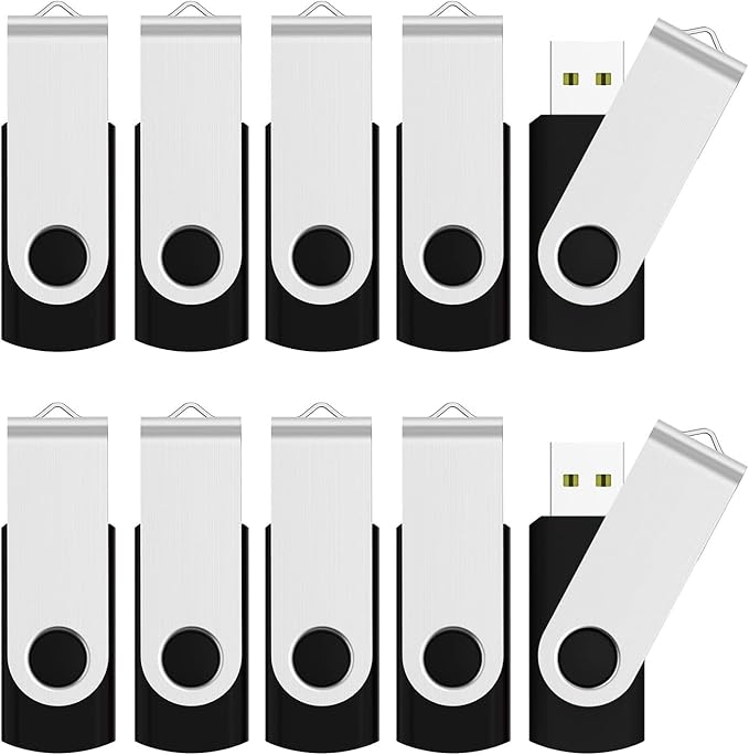 JUANWE 8GB USB Flash Drive 10 Packs, Bulk USB Sticks 2.0 Mutipack Metal Thumb Drive 360° Swivel Design, FAT32 Jump Drives Pen Drive Zip Drives for Data Storage - Black