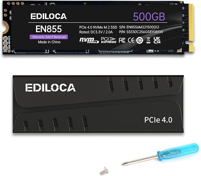 500GB PS5 SSD with Heatsink PCIe Gen4 NVMe M.2 Gaming SSD, 7400MB/s Read, 1GB DRAM Cache, 3D TLC | Internal Solid State Drive Compatible with PS5 & PC(EN855)