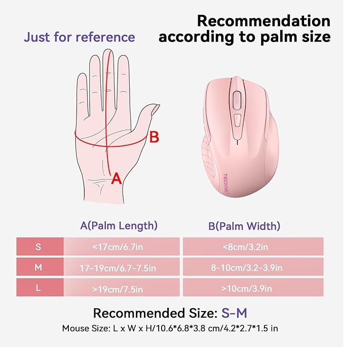 TECKNET Wireless Mouse (2.4G & BT5.0/3.0) Silent 4800 DPI Computer USB A & Bluetooth Mouse 6 Buttons, Wide Compatibility - Pink