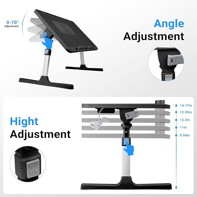 Laptop Lap Desk with Cooling Fan - Adjustable with Light, USB, Storage Drawer - Folding Bed Desk,22.04"*12.59",Black
