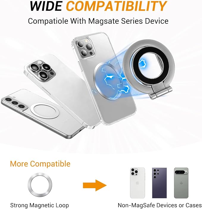 Magnetic Ring Holder Grip, Adjustable Magnet Phone Ring Stand, Multi-Angle Stability Kickstand, Strong Double Sided Magnetic Phone Grip, with Magnet Ring for Phone Case, Silver