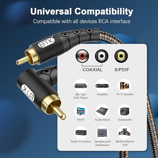 EMK 90 Degree RCA Subwoofer Cable 24K Gold-Plated Connector Nylon Braided Double Shielded – Support Digital & Analog Signals for Amplifier, Home Theater, Hi-Fi System,Subwoofer Black/3.3ft/1m