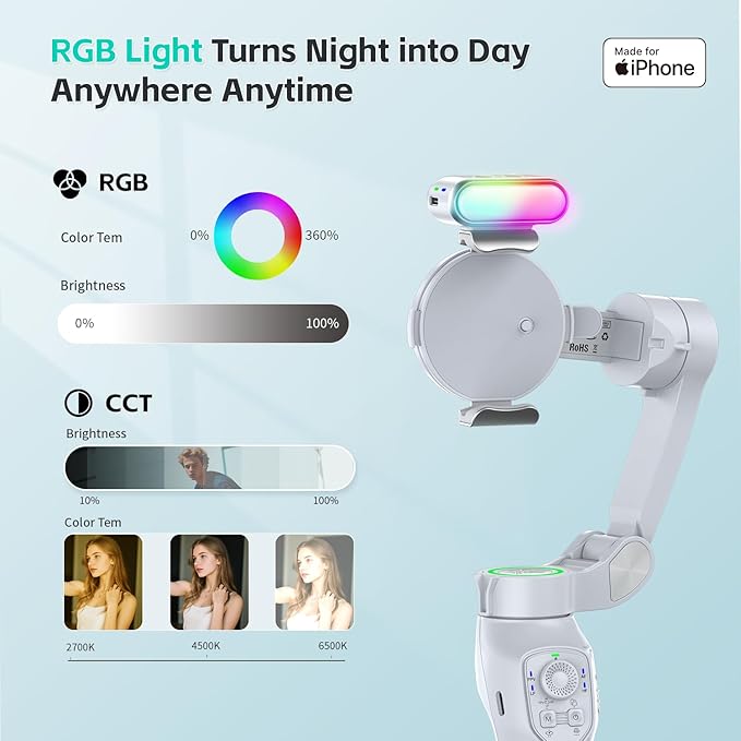 Only for iPhone, MOGO [Apple MFi Certified] Gimbal Stabilizer with Phone Clamp & RGB Light, Video Gimbal Stabilizer Allows Select Tracking Subject, Gaze-Tracking for iPhone 16 15 Pro Max