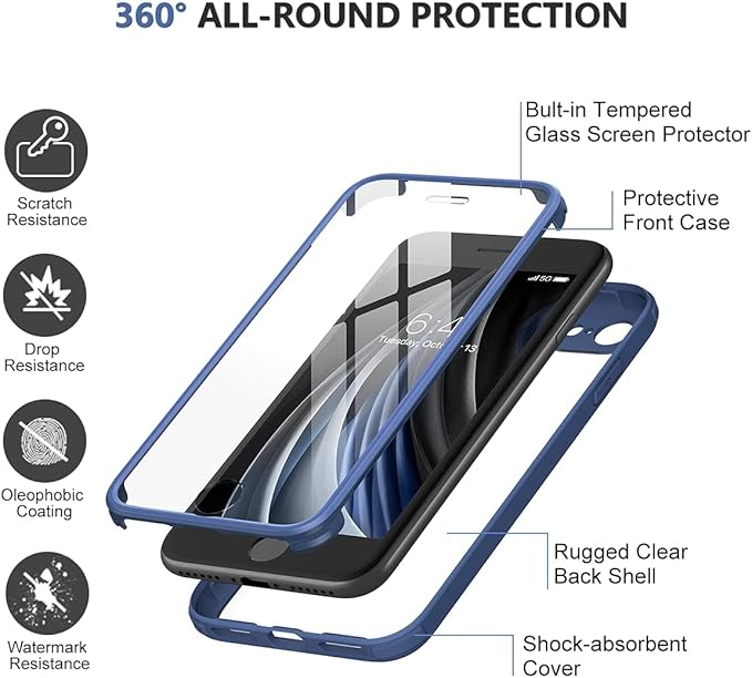Miracase for iPhone SE Phone Case 3rd/2nd Generation 2022 2020 Full-Body with Built-in Glass Screen Protector, Heavy Duty 360° Protective Shockproof Bumper Cover for iPhone 8/SE, Blue