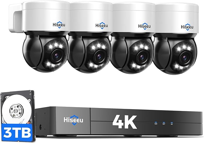 [4K HD + 330°Pan 90°Tilt] Hiseeu 4K PoE Security Camera System, CCTV Camera Security System w/4Pcs PoE PTZ Dome Cameras, Human/Vehicle Detect,2-Way Audio,Home Surveillance NVR Kit, 3TB HDD,7/24 Record