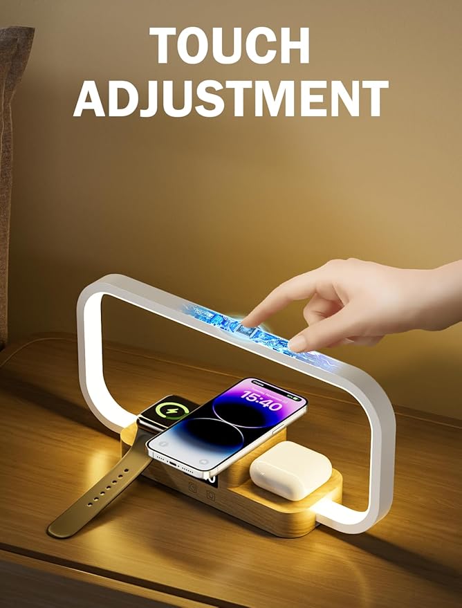 LED Bedside Lamp with Wireless Charger, 3 in 1 Touch Control Bedside Lamp, 5 Color Mode & Dimmable, Desk Lamps with Clock for Nightstand, Table Night Lamp for Bedroom, Gifts for Women, Men, Friends