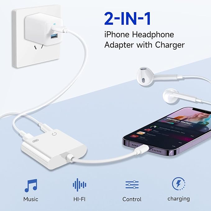 [Apple MFi Certified] 2-in-1 Charging & Audio Adapter for iPhone, Lightning to 3.5mm Headphone Jack Dongle Splitter, Supports Hi-Res Lossless Sound, Compatible with iPhone 14/13/12/11/XS/XR/8/7 3Pack