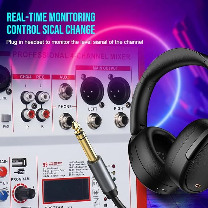 mw-4 white 4Channel Audio Mixer with 99 Sound Effects for PC,Portable Sound Mixing Console with BT USB Recording Input for Live Streaming,Podcasting