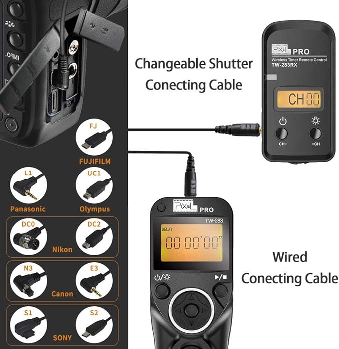 Wireless Shutter Release for Canon, Pixel TW-283 E3/N3 Wireless Remote Control Timer Shutter Release Cable for Canon EOS R EOS R5 R6 R3 1300D 1100D760D 70D 80D 90D 5D IV III 1D 6D 7D fujifilm GFX50R
