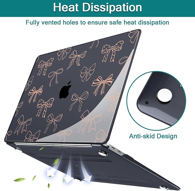 Teryeefi Case for MacBook Air 13 inch 2020 2019 2018 fits Model M1 A2337 A2179 A1932 with Retina Display with Touch ID, Plastic Hard Shell & Keyboard Cover & Screen Protector, Gold Bows A003