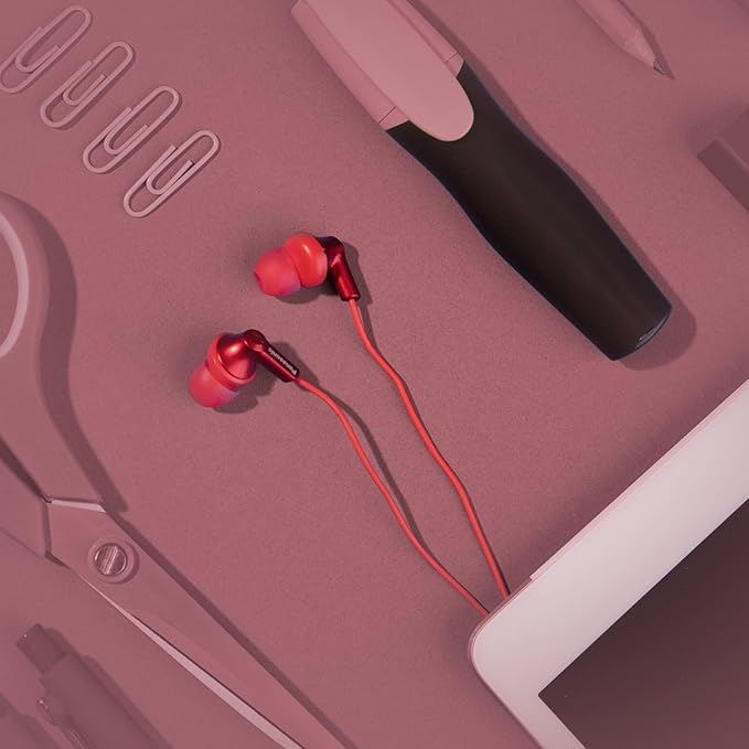 Panasonic ErgoFit Wired Earbuds, 3.5mm Jack in-Ear Headphones with Dynamic Crystal-Clear Sound and Soft Ergonomic Custom-Fit Earpieces (S/M/L), for Phones and Laptops - RP-HJE120-RA (Metallic Red)
