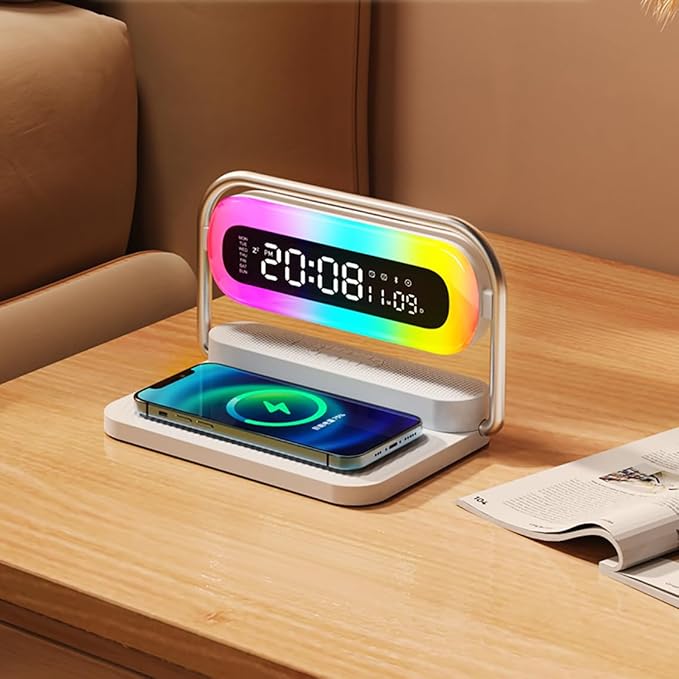 4-in-1 Multifunction Mobile Wireless Charger with Colorful Night Lights, Bluetooth Speaker, Digital Clock Alarm ; M11