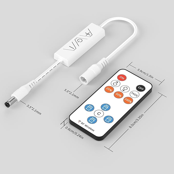 13Keys LED Dimmer, Wireless RF Remote Control and 3Keys Receiver with DC Jack RF Dimmer with Timer Function for DC12V-24V Single Color COB/3528/2835/5050 LED Strip Lights