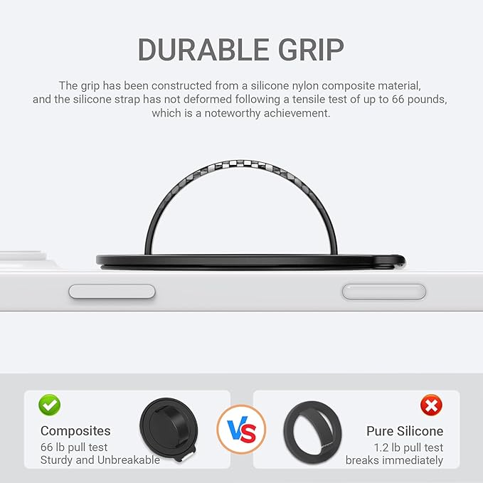 Grat 3 Upgraded Magnetic Phone Grip Stand, 360° Rotatable Silicone Strap Phone Loop Holder, Detachable Ring Kickstand Compatible with Magsafe iPhone 16 15 14 13 12 Pro/max, Black