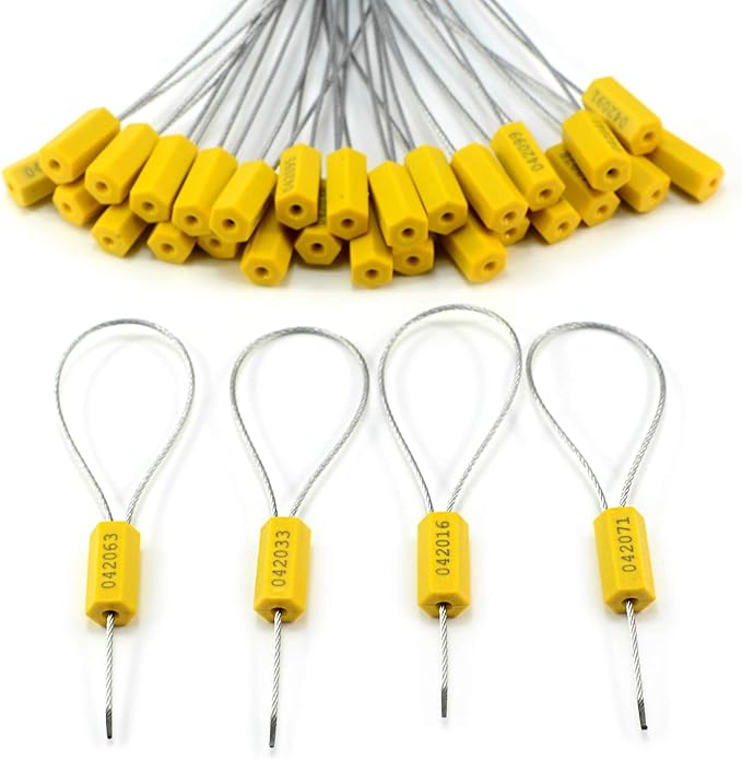Leadseals(R) 100 Steel Cable Seals Metal Security Seal Numbered Metal Truck Trailer Seals Security Tags Tamper Evident Tags Container Seals Pull Tight Steel Wire Seals (Yellow, 100pcs)