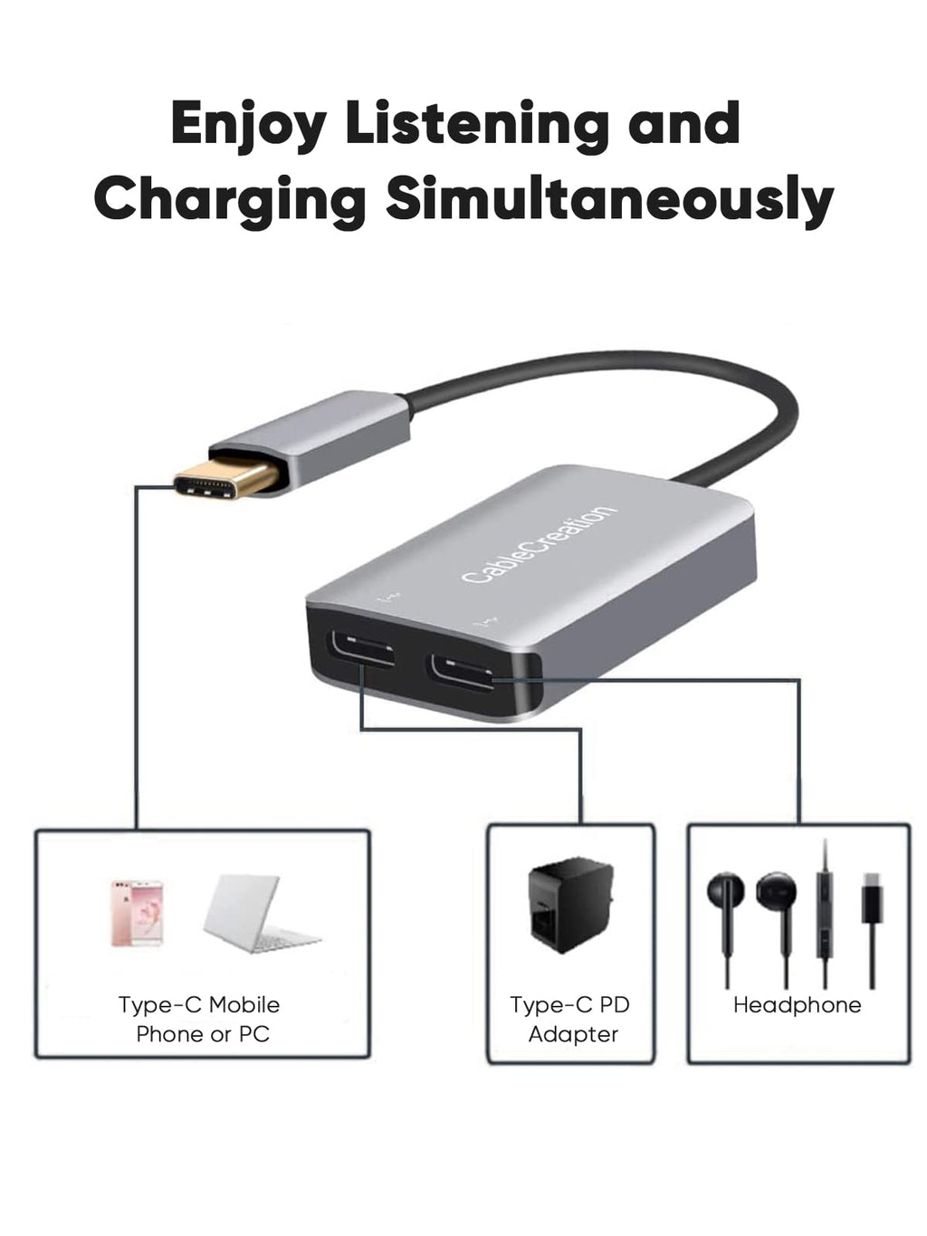 CableCreation USB Type C Splitter,2-in-1 USB C Audio Adapter and PD Charger