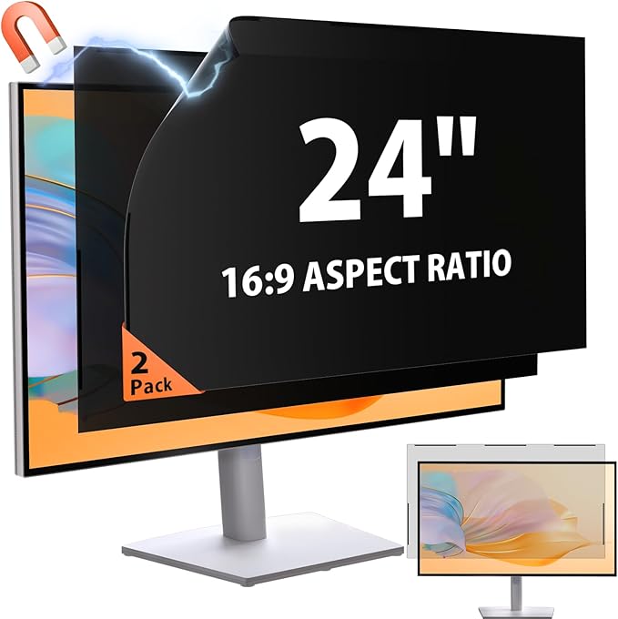 [2 Pack] 24 Inch 16:9 Magnetic Privacy Screen for Monitor Anti-Glare, Blue Light Filter, Anti-Spy Reusable Removable Privacy Filter for 16:9 Widescreen Desktop Display