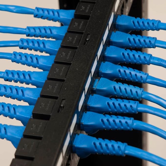 ICC CAT6 Feed-Through Patch Panel, 24 Port, 1U Rackmount, RJ45 Ethernet Patch Panel, No Punch Down, PoE++ and TAA Compliant, Black