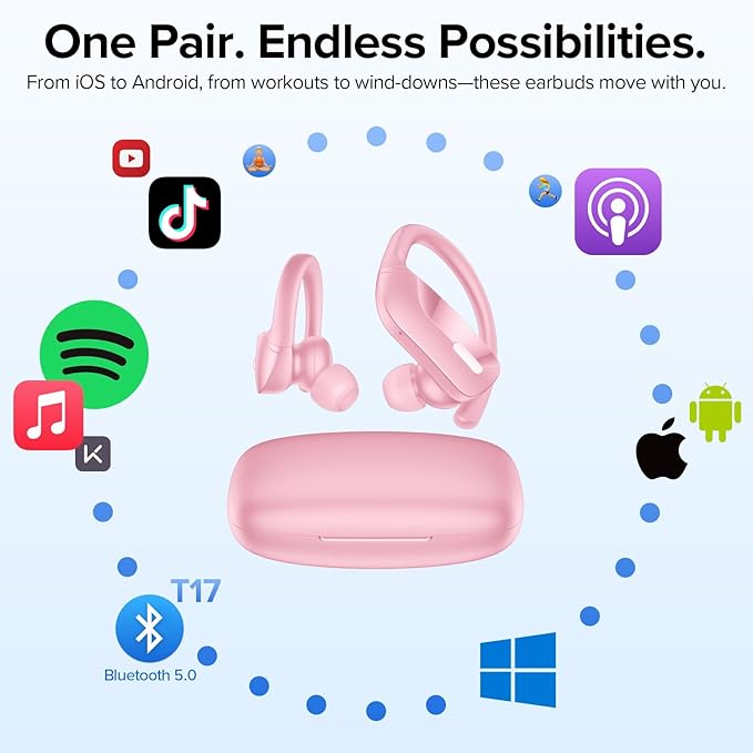 OCC Wireless Ear Hook Sport Earbuds, Bluetooth Headphones with Mic, IPX5 Waterproof, 80H Playtime Earphones, Pink