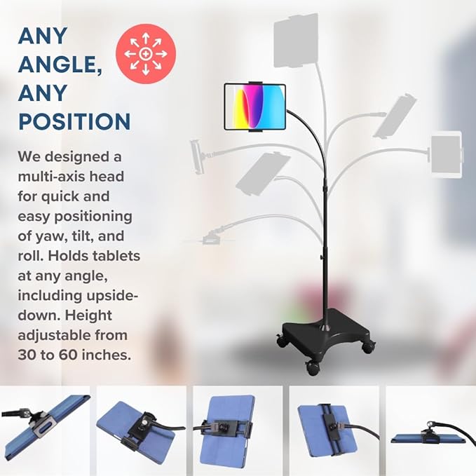 LEVO Adjustable Tablet & Phone Floor Stand with Multi-Axis Head, Hourglass Base & Locking Casters – Premium Rolling Gooseneck Mount, Stable Weighted Design, Fits Devices 4-13 Inch, Height 30-60 in