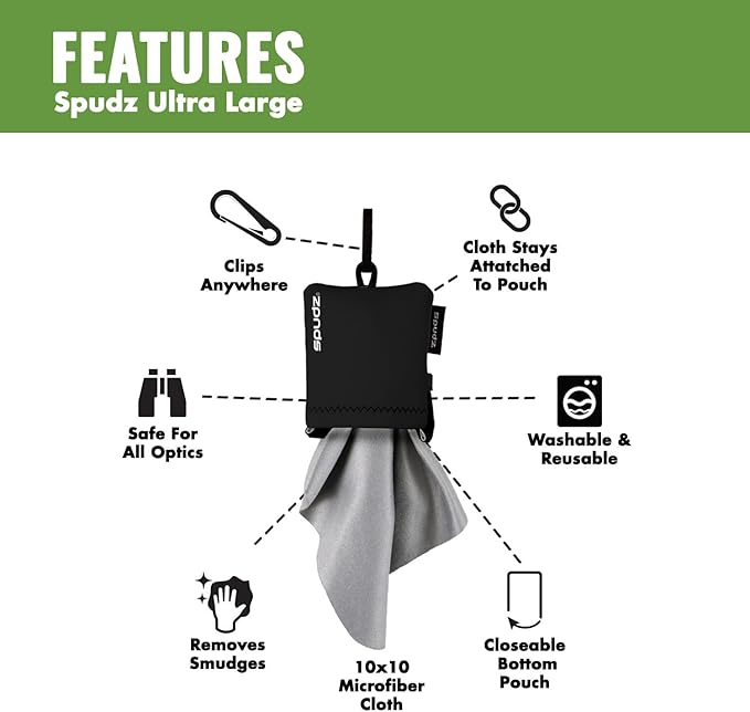 SPUDZ Ultra Microfiber Lens Cleaner – Closable Pouch, Clip-On, Washable – for Optics, Scopes, Glasses | Navy Blue, 10 x 10 Inch