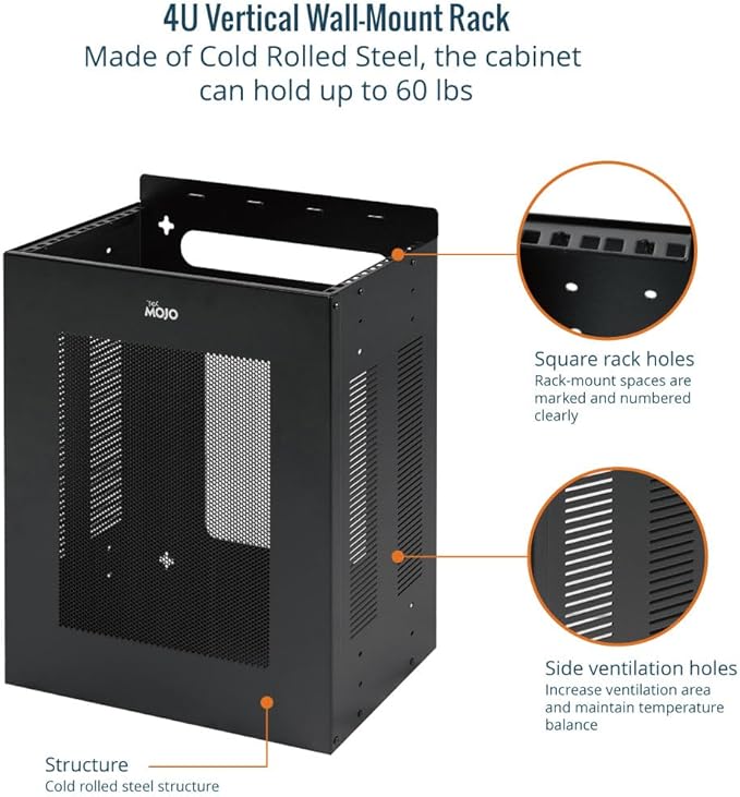 Tecmojo 4U Server Rack, Vertical/Horizontal Wall Mountable Rack with Vented Enclosure for 19 Inch IT Equipment, Cable Modems, Telecom, A/V,Black