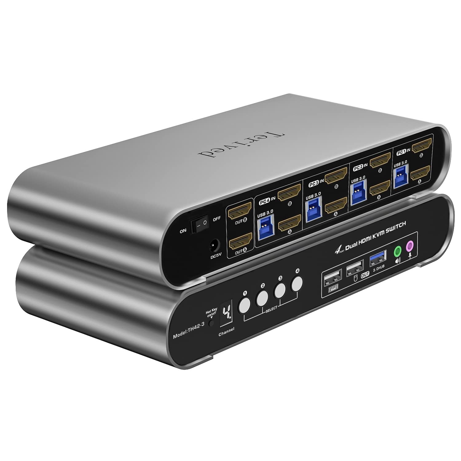 Terived 4 Computers 2 Monitors USB 3.0 HDMI KVM Switch 4K@60Hz with Hotkey Switching, Automatic Switching 4 Port Dual Monitor, Aluminum, Digital Display, USB 3.0 Audio/Mic, EDID, HDR10 with Cables