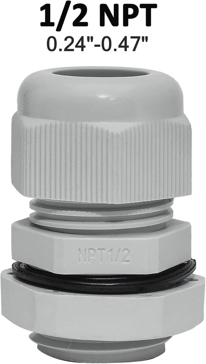 20 Pcs 1/2" NPT Nylon Cable Glands, IP68 Waterproof Adjustable Cord Grip Cable Connector Strain Relief Wire Protectors for 6-12mm Cable Diameter, Grey