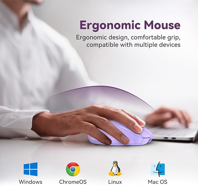 Bluetooth Mouse (BT5.0/3.0 & 2.4G) Rechargeable Wireless Mouse, 4800 DPI Optical Tracking, 6 Adjustable DPI, 2.4GHz with USB A Receiver, Quiet Clicks, Ergonomic Grips, 6 Buttons - Lavender
