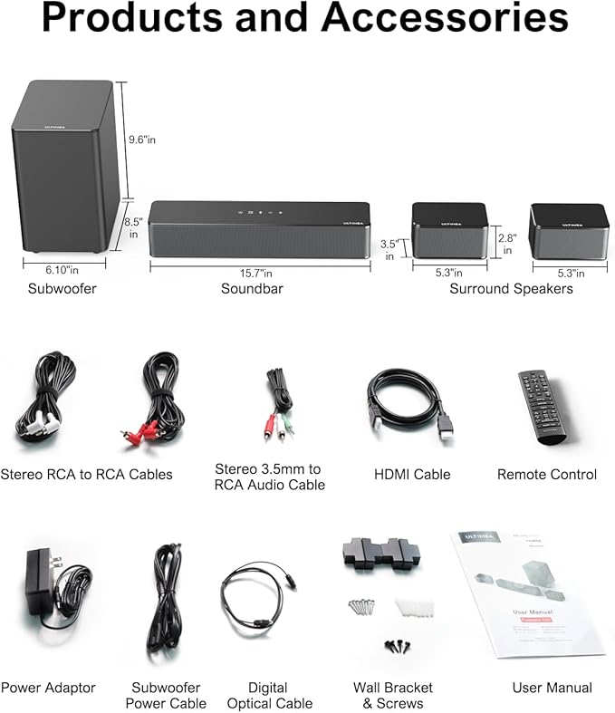 ULTIMEA 5.1 Virtual Surround Sound Bar, 320W Home Theater Surround System with Adjustable Speakers & Subwoofer, TV Speaker Soundbar, Sound Bar for Smart TV, Bluetooth 5.3, Easy Setup, Poseidon D50