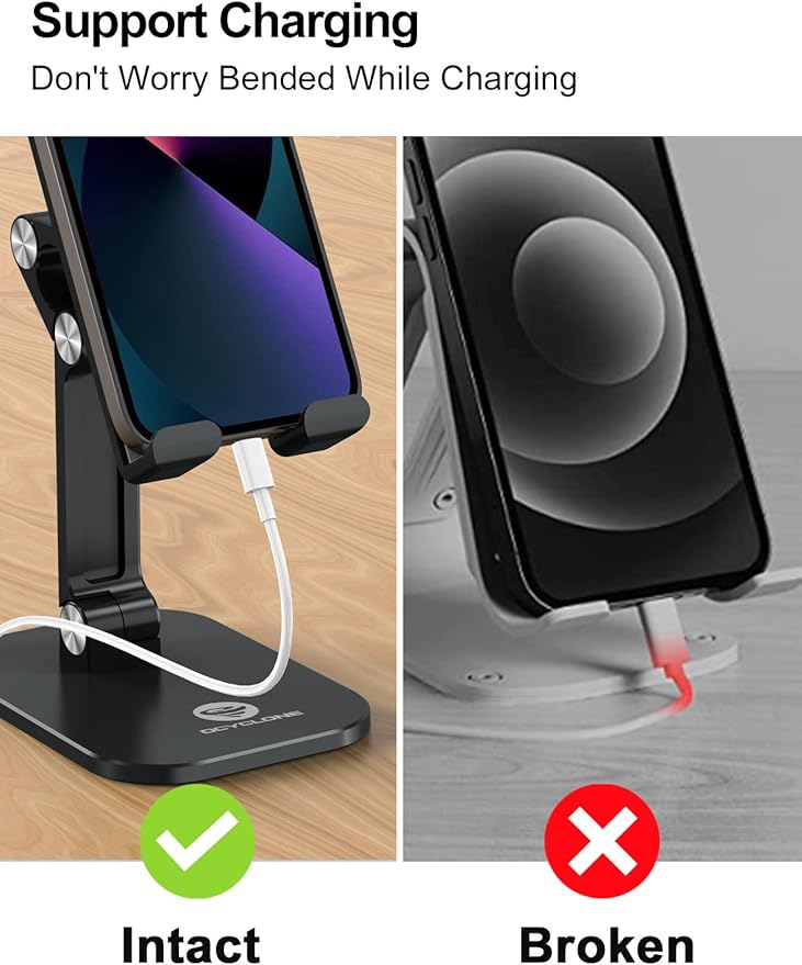 OCYCLONE Cell Phone Stand + 2 PCS Cable Organizer, Angle Height Adjustable iPhone Stand for Desk, Foldable Cell Phone Holder Tablet Stand Compatible with 4.7"-13" Phone Tablet