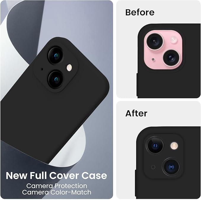 FireNova Designed for iPhone 15 Plus Case, Silicone [Camera Protection] Case with [2 Screen Protectors], Soft Anti-Scratch Microfiber Lining Inside, 6.7 inch, Black
