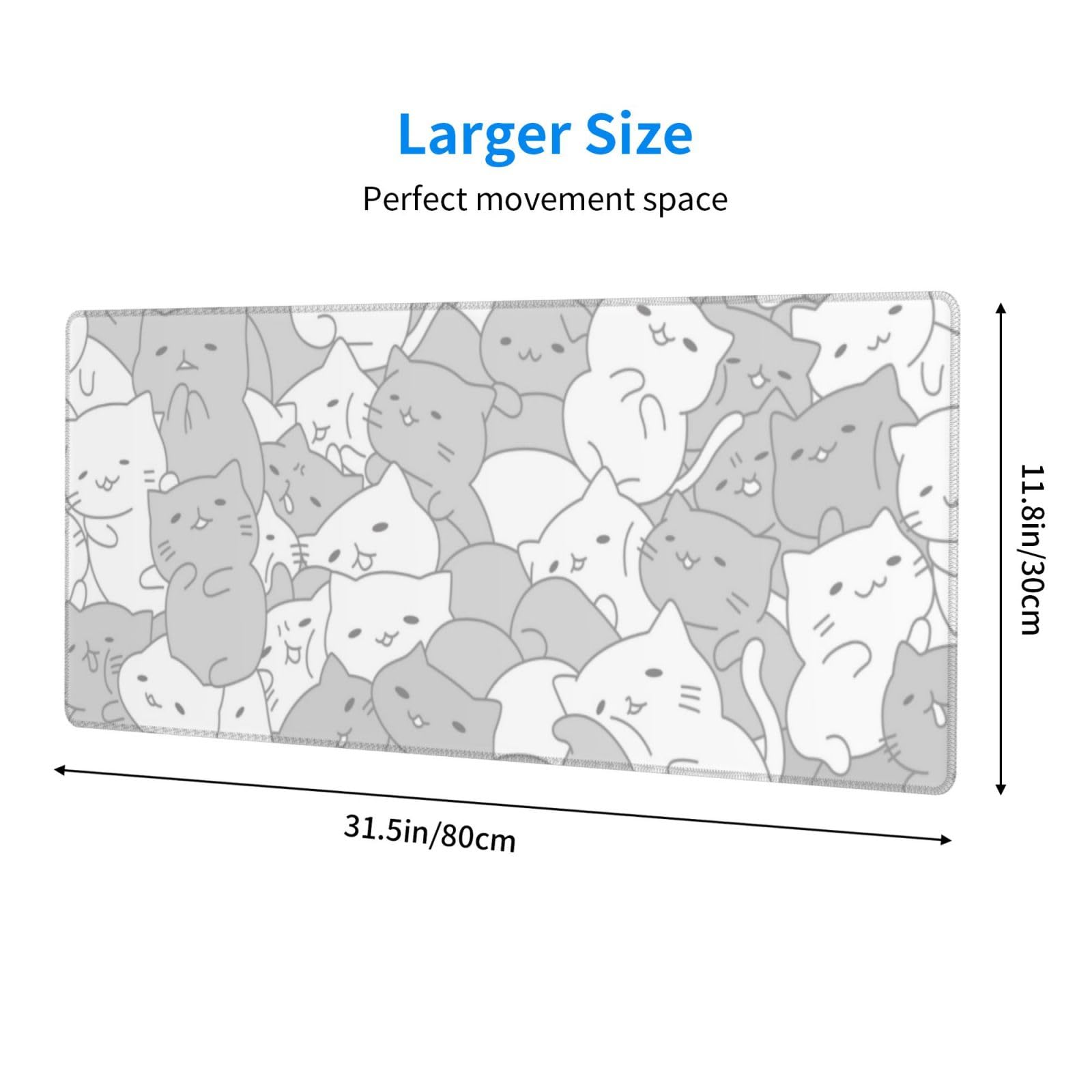 White Kawaii Cats E-Sport Mouse Pad Large Desk Mat Non-Slip Rubber Base Stitched Edge Keyboard Mouse Pad for Office Home E-Sport Computer Laptop, 31.5×11.8 Inches